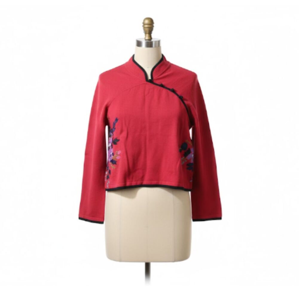 Charlotte Tarantola Red Black Piping Asian Floral Embroidered Knit Sweater
